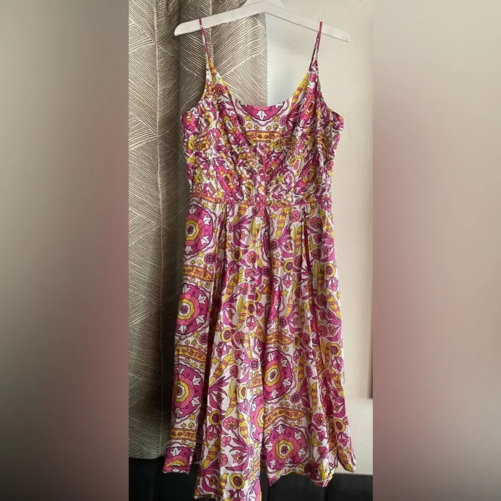 Tory Burch Sun Dress Pink Yellow Floral Alhambra Malta Sleeveless Size 6